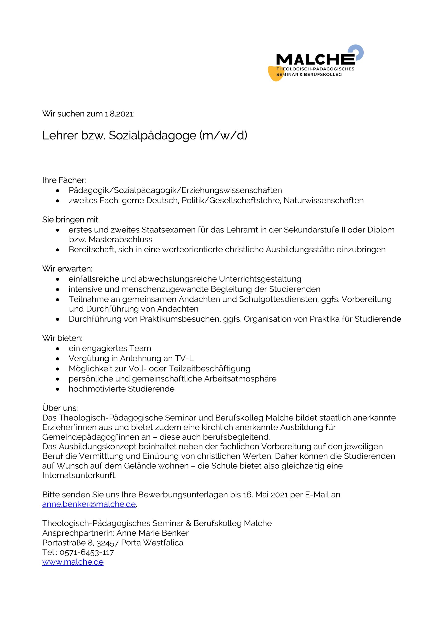 Stellenausschreibung_Pädagogik_Malche