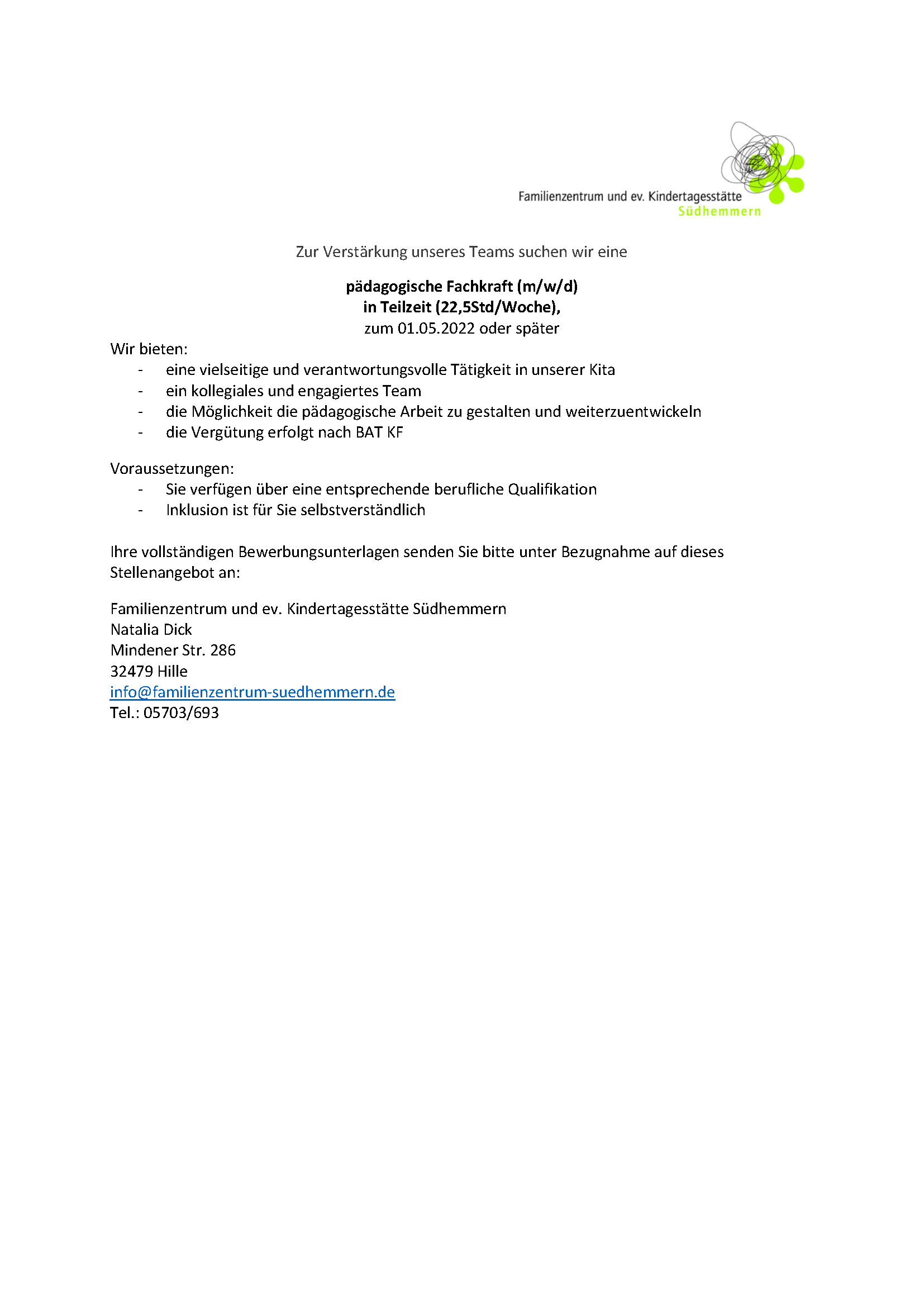 Stellenausschreibung Südhemmern 225 Std