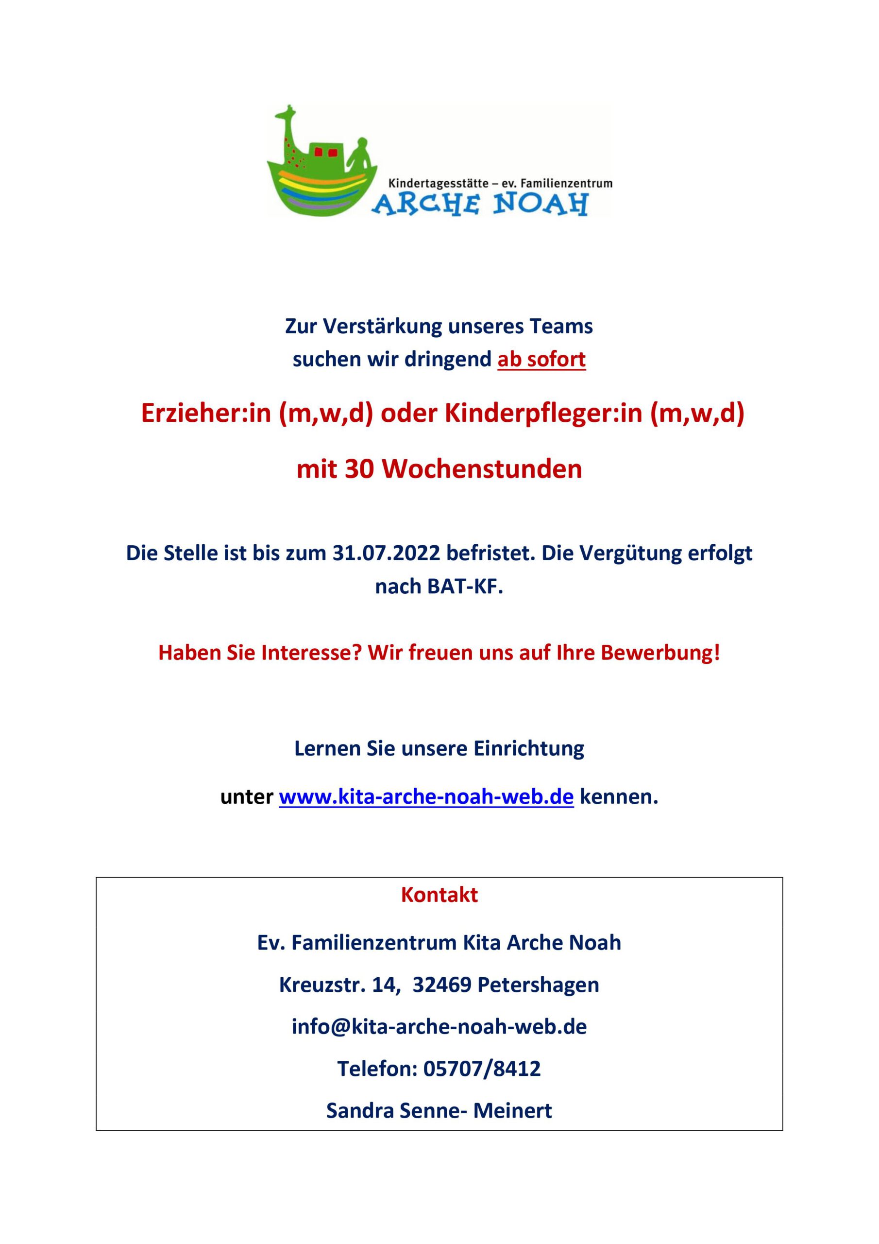 220500 Stellenausschreibung Arche Noah Petershagen