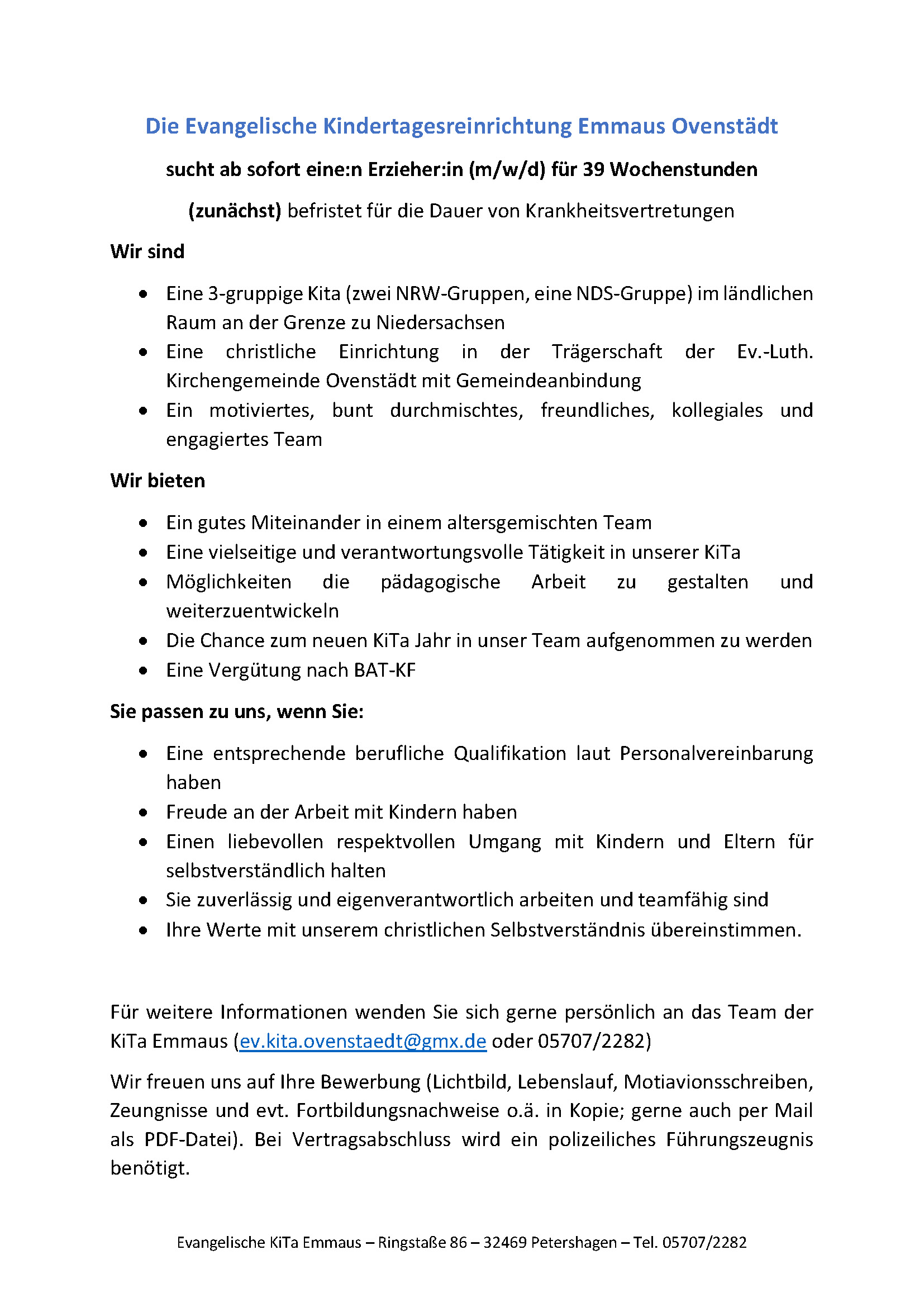 Stellenausschreibung KiTa Emmaus